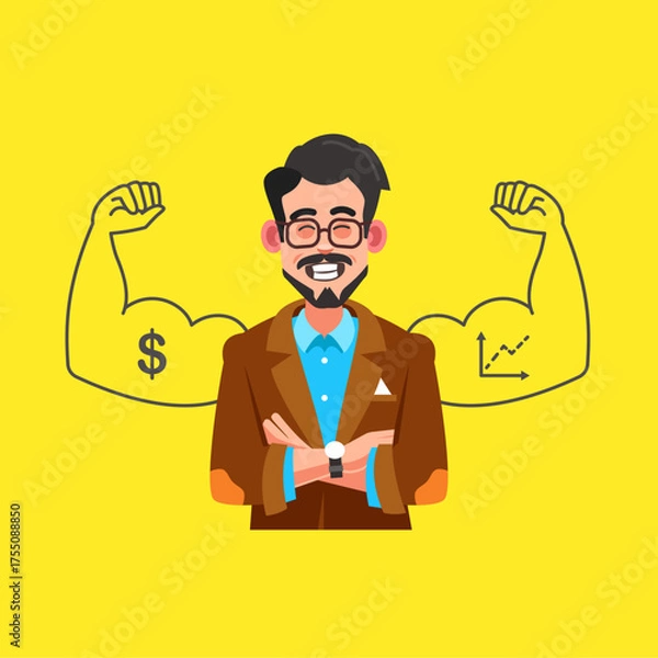 Fototapeta Self-evaluation in business. A man on a yellow background crossed his arms. Modern flat style vector illustration clipart
