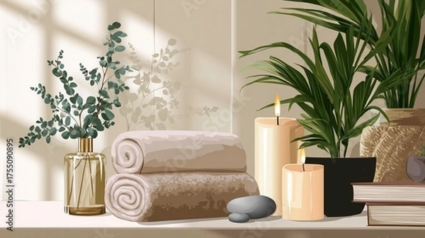 Obraz Cozy bathroom corner with rolled towels, candles, and greenery  