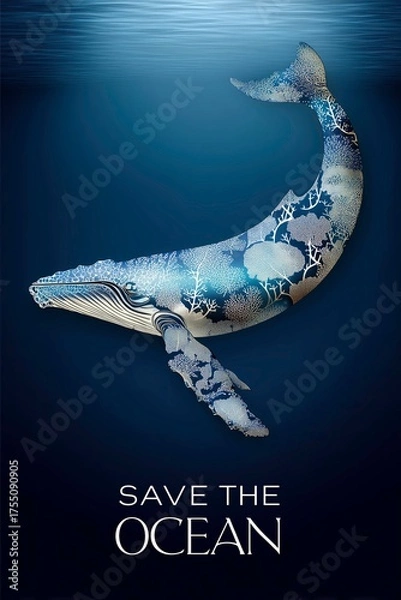 Obraz Whale swimming underwater with ocean patterns and save the ocean text  