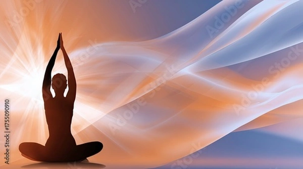 Obraz Silhouette of woman practicing yoga with hands raised in calm setting  