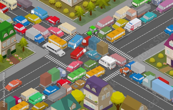 Obraz Traffic Jam. Isometric Cars and Houses for Illustration Of Busy Road.