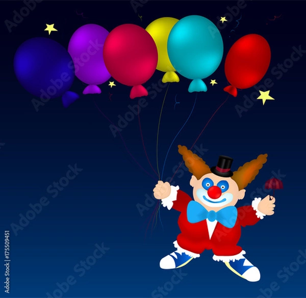 Fototapeta Flying clown in red clothes, blue boots with small umbrella in one hand and six balloons in atmosphere