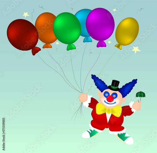 Fototapeta Flying clown in red clothes, blue boots with small umbrella in one hand and six balloons