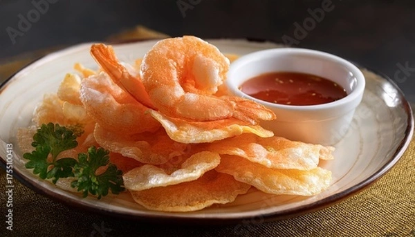 Fototapeta Crispy Airy Rice Shrimp Chips Fragrant Prawn Crackers With Sauce