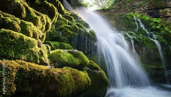 Fototapeta A Waterfall Rushes Down A Rocky Cliffside With Moss And Fresh Greenery Along Its Steep Slopes