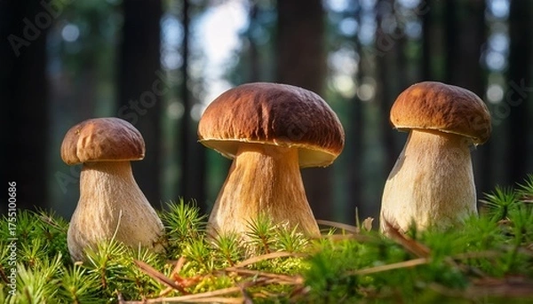 Fototapeta Three Porcini Mushrooms In A Pine Forest Close Up