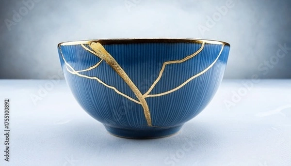 Fototapeta Kintsugi Close Up Of Blue Bowl With Golden Repair Lines Japanese Art Of Golden Joinery Concept