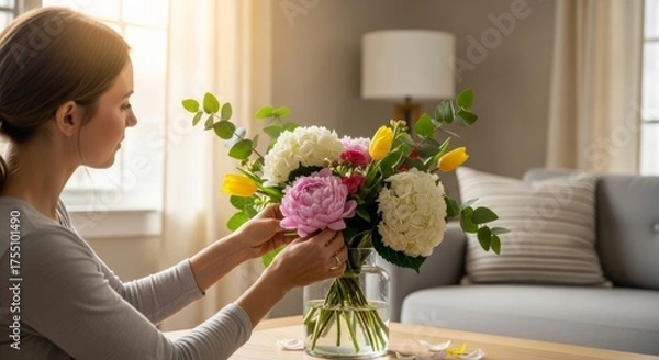 Fototapeta Young woman styles a colorful bouquet of peonies, hydrangeas, and tulips in a glass vase on a wooden table, soft daylight and cozy minimalist home vibe