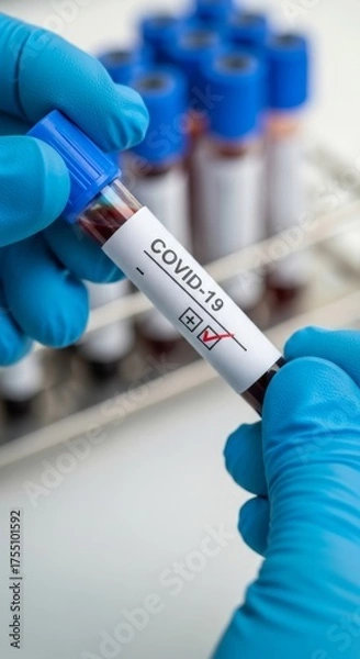 Fototapeta A lab technician holds a test tube with a blood sample that has tested positive for COVID-19. A clinical concept for the coronavirus pandemic, medical diagnosis, and research.