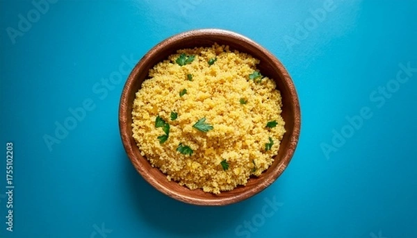 Fototapeta Cooked Millet Ancient African Grain In A Wooden Bowl On A Blue Background Overhead Flat Lay Shot Healthy Vegan Side Dish