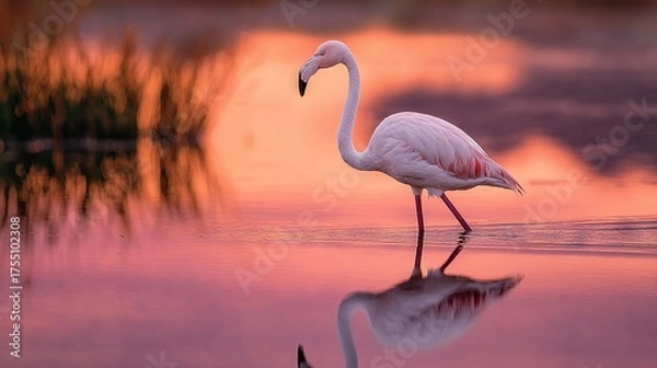 Obraz   A flamingo standing in a body of water with its beak in its mouth, reflected in the water below