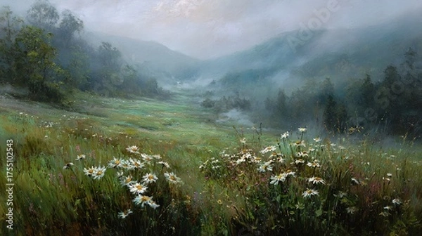 Fototapeta   A meadow daisies foreground, mountain background, clouds sky
