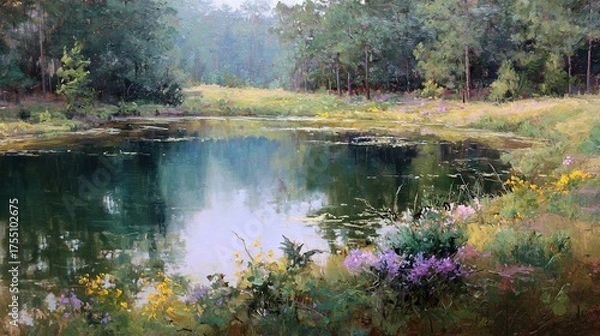 Fototapeta   A painting of a field in the middle of a pond surrounded by wildflowers and trees