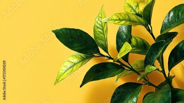 Fototapeta   Close-up photo of a green-leafed plant against a bright yellow backdrop, featuring a subtle shadow of the plant on the right
