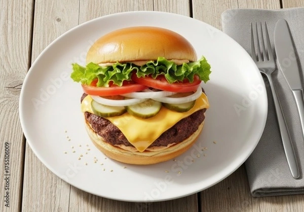 Fototapeta Cheeseburger with Fresh Vegetables on a White Plate - Close-Up Food Photography