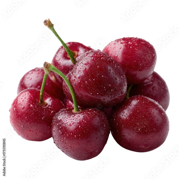 Fototapeta Fresh and Juicy Cherries with Water Droplets on Isolated Background