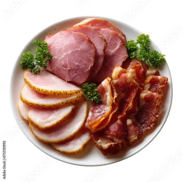 Fototapeta Assorted Slices of Ham and Bacon on White Plate with Garnish