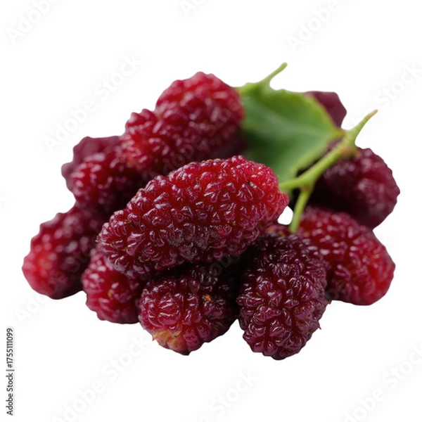 Fototapeta Fresh Ripe Mulberries with Green Leaf Isolated on White Background