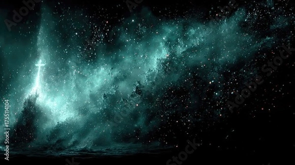 Fototapeta Cosmic Waves With Light Beams Shining Through Dark Space Generative AI