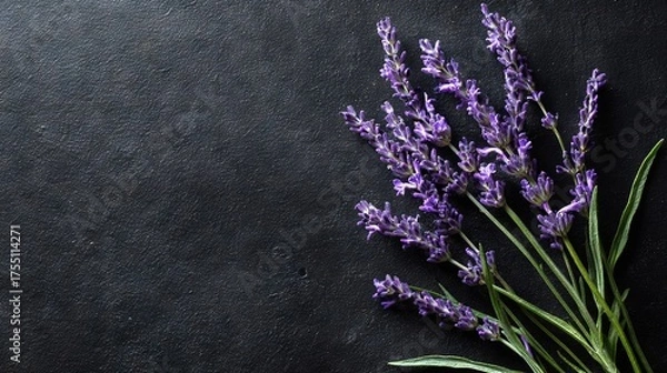 Fototapeta   Lavender blooms on black surface against dark backdrop