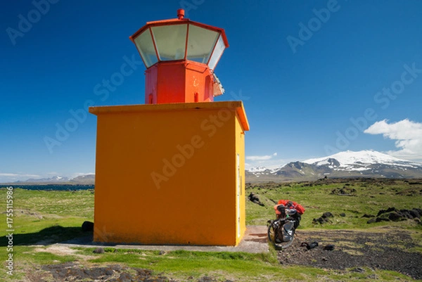 Fototapeta Ondverdanes lighthouse in iceland and the vulcano snaefellsjokull in background
