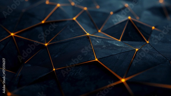Fototapeta Abstract composition of interconnected geometric shapes and glowing orange lines on dark textured surface, futuristic digital network background with depth and light reflections.