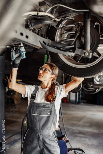 Fototapeta A highly skilled woman mechanic diligently performing maintenance on a vehicle within a garage environment