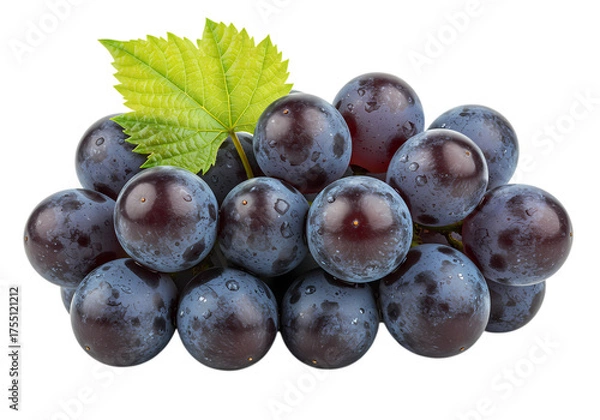 Obraz Fresh Purple Grapes Cluster with Green Leaf on White Background