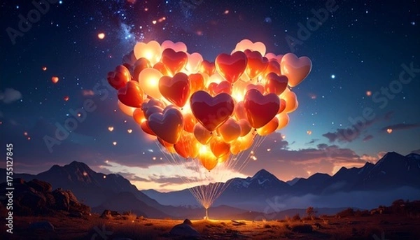 Fototapeta A breathtaking spectacle of illuminated heart-shaped balloons ascending into a starry night sky over a serene mountain landscape