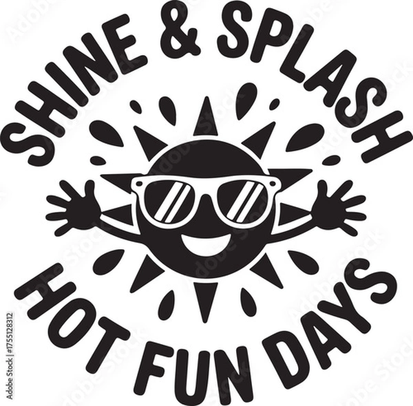 Obraz Black and white cartoon sun with sunglasses and text happy smiling