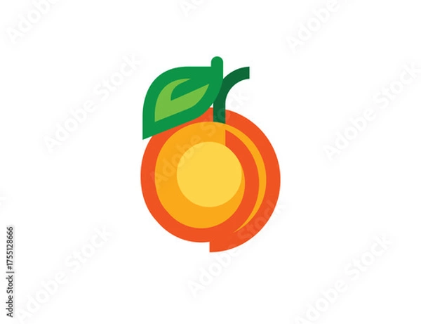 Fototapeta Modern Geometric Orange Peach Fruit with Leaf Abstract Circle Vector Logo Icon	