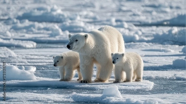 Fototapeta Three Resilient Polar Bears Standing on Contaminated Arctic Ice, Perfect for Environmental Awareness Campaigns, Evoking Sense of Tranquility and Concern.