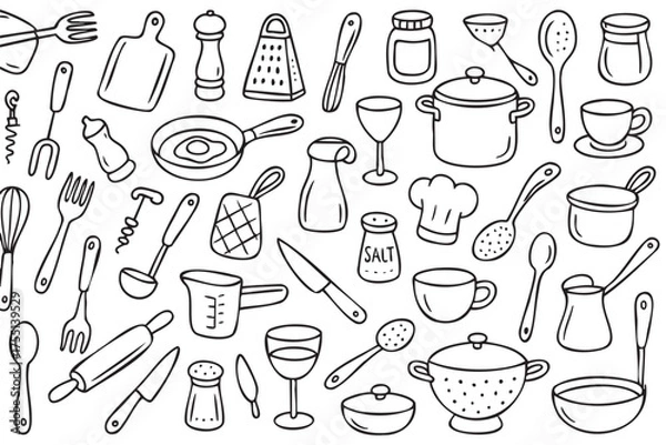 Fototapeta Hand-drawn kitchen utensils and cookware doodle pattern for culinary design. Vector doodle illustration