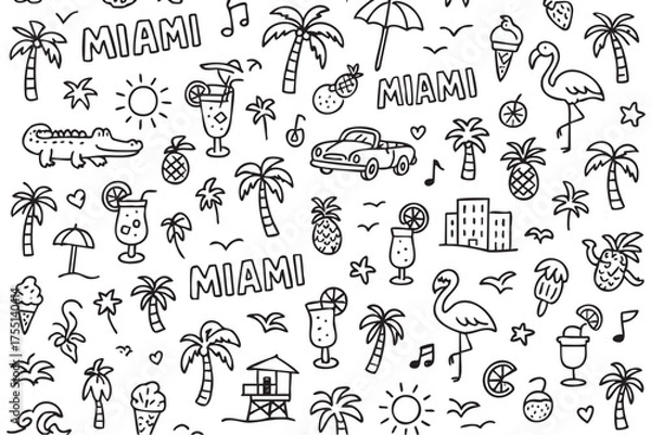 Fototapeta Miami doodle pattern with flamingos, palm trees, and cocktails. Vector doodle illustration