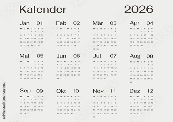 Fototapeta Minimalist German 2026 calendar yearly template single horizontal page A4 grey design.Layout Deutsch Kalender Wall or Desk Jahresplaner