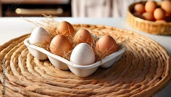 Fototapeta White Ceramic Egg Tray Holds Six Eggs Nestled In Straw Creating Rustic And Natural Presentation Tray Is Placed On Woven Mat With Blurred Background Of Kitchen Elements Adding Cozy Feel
