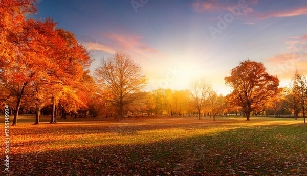 Fototapeta Autumn At Sunset Fall Landscape Trees And Orange Foliage In Park And Sunlight