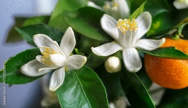 Fototapeta The First White Flowers Of A Domestic Citrus Plant Tangerine Branch With Inflorescences Close Up Satsuma Hashimoto Citrus Unshiu Indoor Citrus Tree Growing