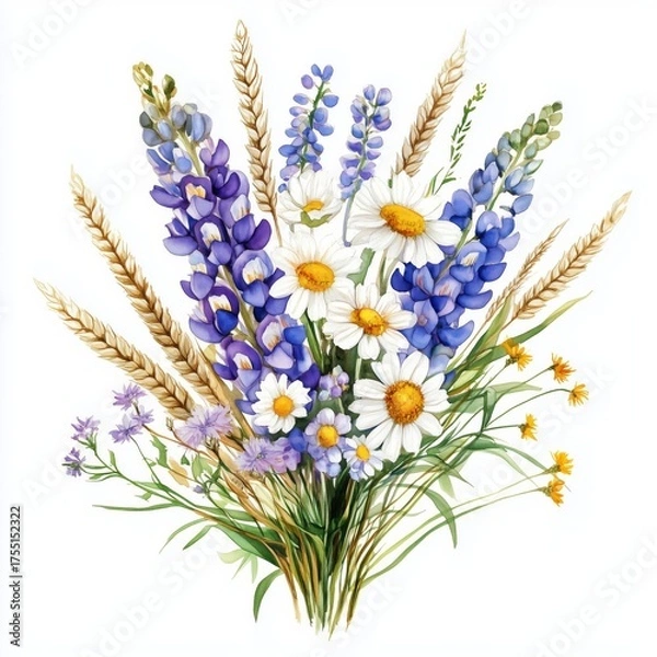 Fototapeta A Vibrant Arrangement of Wildflowers Showcasing the Beauty of Nature with Daisies, Bluebells, and Wheat Stalks in a Harmonious Design