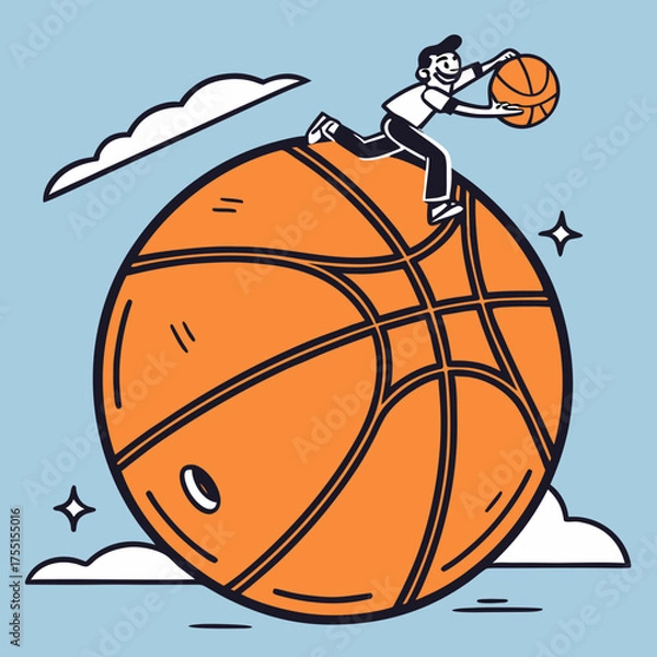 Obraz Cheerful character running atop a basketball with playful clouds and stars, celebrating the joy of sport