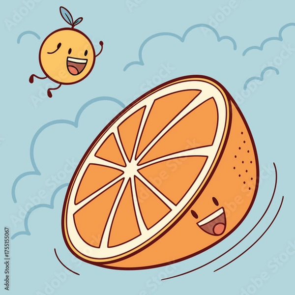 Obraz Whimsical cartoon oranges having fun in the sky, bringing joy to healthy eating and vibrant lifestyle