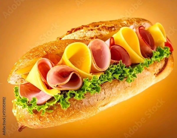 Fototapeta Delicious Ham and Cheese Sub Sandwich with Fresh Lettuce.