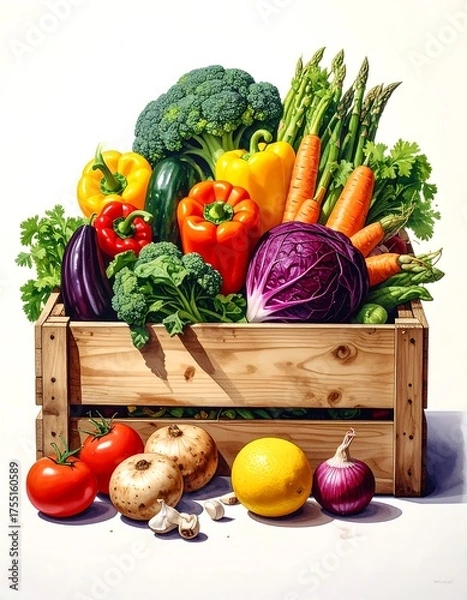 Fototapeta Fresh Vegetables in Wooden Crate - A Colorful Harvest.