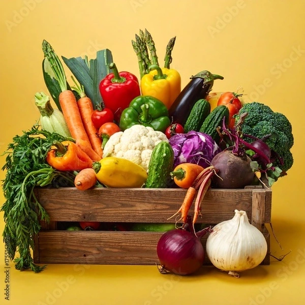 Fototapeta Fresh Harvest - A Colorful Assortment of Vegetables in a Wooden Crate.