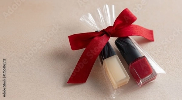 Fototapeta Elegant and simple still life of a small package, symbolizing a thoughtful winter or Christmas gift.