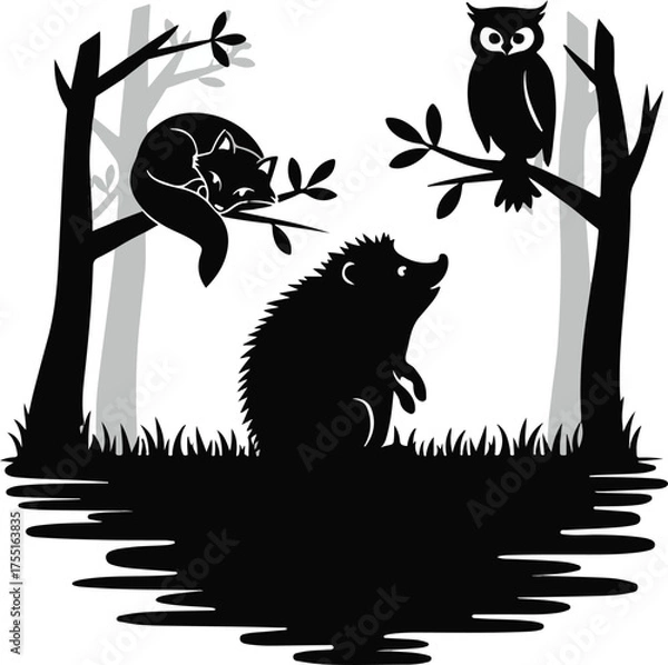 Obraz Forest Animals Silhouette Vector Set: Fox, Owl, and Hedgehog Clipart

