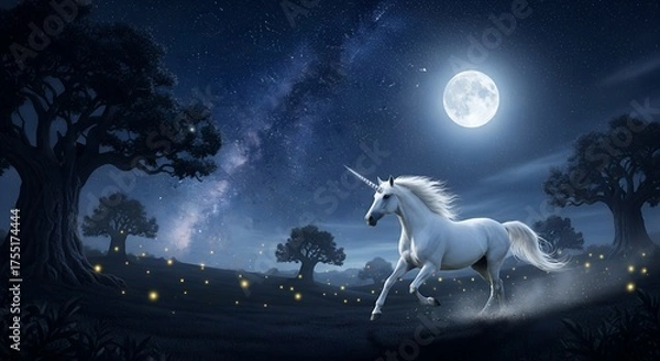 Fototapeta Majestic unicorn galloping under a starry night sky moonlit meadow