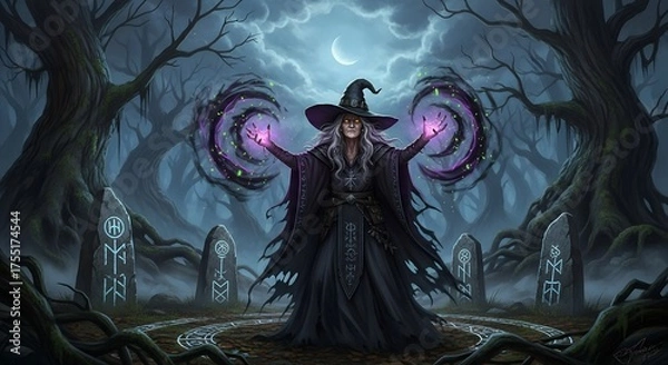 Fototapeta Mysterious witch casting dark magic summoning spirits in an eerie enchanted forest at night