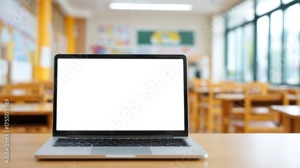 Fototapeta A clean laptop is displayed on a desk in a sunny classroom inviting students to engage in learning.