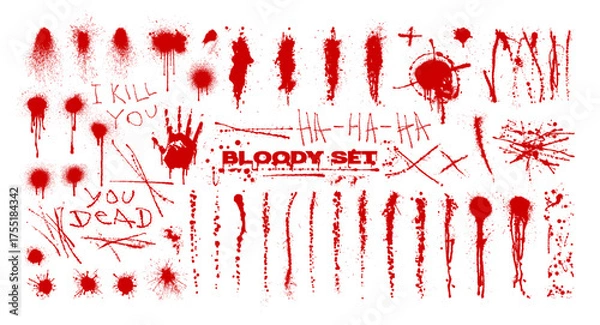 Fototapeta Bloody Splatter and Horror Handprint Graphic Elements Set. Red blood splatters, drips, handprints, and horror-themed scribbles. Grunge design elements with splashes, traces, drops. Vector graphic set